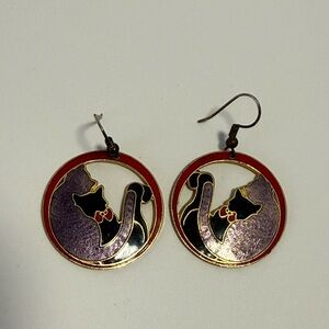 Vintage Cloisonné Cat Earrings with Red and Black Design